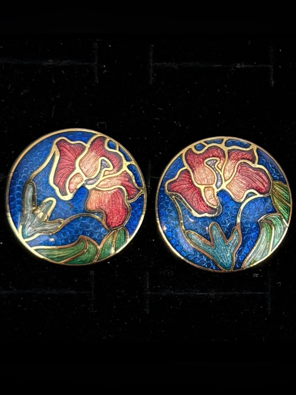 Vintage Mid 80s Signed L. Bott blue floral cloisonné pierced earrings